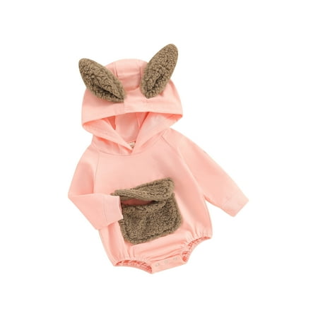 

Co.MMehjri Infant Baby Easter Hood Jumpsuit Bunny Ear Long Sleeve Front Fuzzy Pocket Romper