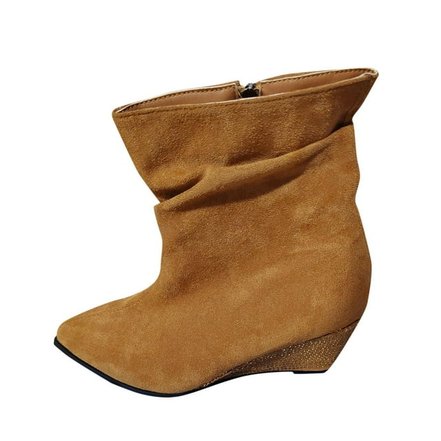 Bottes Courtes à Plateforme Compensée pour Femmes Brunes, Brillantes Étincelantes, Ornées de Cristaux, Grandes Mesures, Design Automne Hiver, Talon Épais Douillet, pour Usage Extérieur