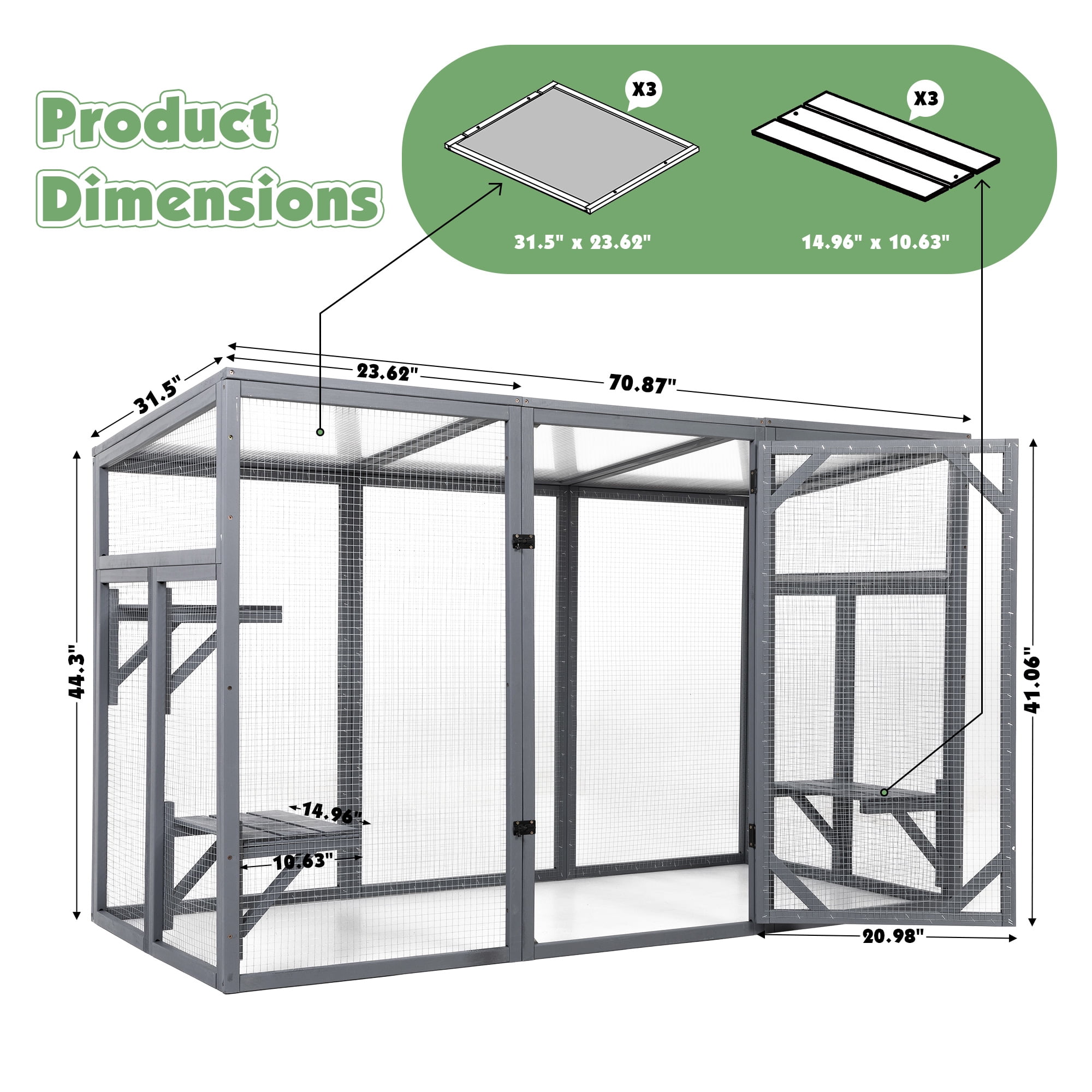 Coziwow 71" Large Catio Outdoor Cat Enclosure, Cat House for Multiple Cats Walk, Wooden Cat Cage with Waterproof Roof