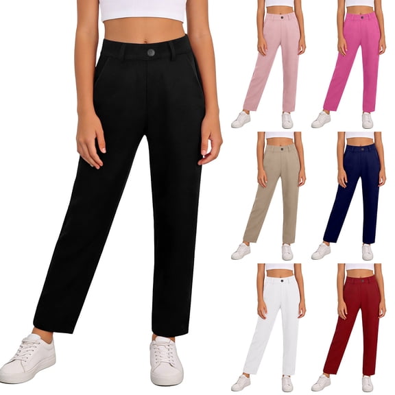 Tisuna Girls School Pants Kids Straight Leg Dress Pants High Waisted Stretchy With Pockets Children'S Everyday Wear Trousers Black Size 5-6 Years