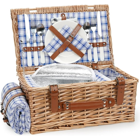 YANGLI Wicker Picnic Basket Set for 2 with Waterproof Blanket, Large Insulated Cooler & Cutlery Kits for Camping, Wedding (Red)
