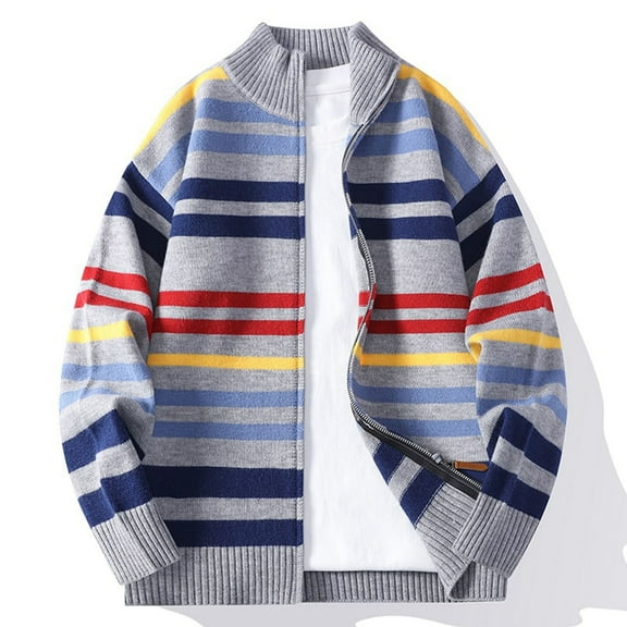 Wrtxtat Men's Zip-Up Cardigan Relaxed Fit Striped Knit Colorblock Outerwear Autumn Casual Midweight Thermal Mock Neck Sweater Gray L