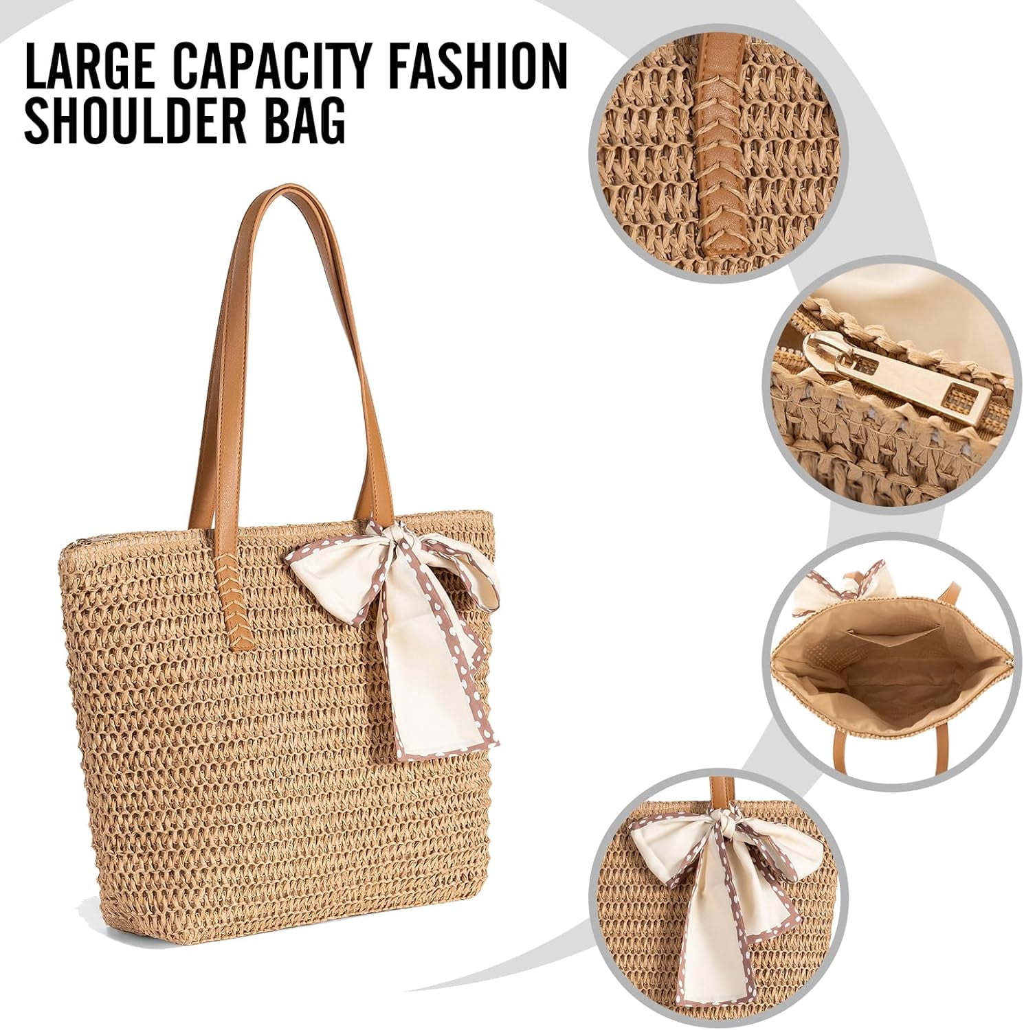 Large Straw Beach Bag: Women's Handwoven Tote with Zipper Pocket - 2025 Lightweight Summer Purse for Travel & Work