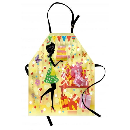 Full Coverage Bib Birthday Apron Beautiful Young Woman and Birthday Cake Table Full of Presents Butterfly Figure, Unisex Kitchen Bib Apron with Adjustable Neck for Cooking Baking Gardening, Multicolor, by Ambesonne ()