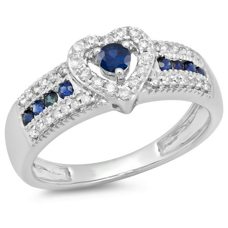 0.55 Carat (ctw) 18K White Gold Round Cut Blue Sapphire & White Diamond Ladies Bridal Heart Shaped Promise Engagement Ri
