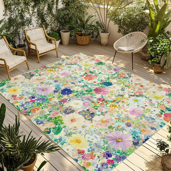 Fsddascl Emerging Blossoms Pattern Outdoor Rug for Patio/Deck/Porch, Non-Slip Large Area Rug 4 x 6 Ft, Colorful Watercolor Floral Indoor Outdoor Rugs Washable Area Rugs, Camping Rug Carpet