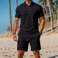 thumbnail image 3 of 2 Piece Set for Men Henley Short Sleeve Shirt and Drawstring Shorts Set Summer Solid Color Casual Loose Outfits with Pockets, 3XL, 3 of 5