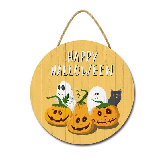 Halloween Cute Pumpkins And Ghosts Wood Sign Plaque (12"x 12"),Round Decoration Art Sign, Halloween Themed Wooden Hanging Sign for Front Door Theme Party