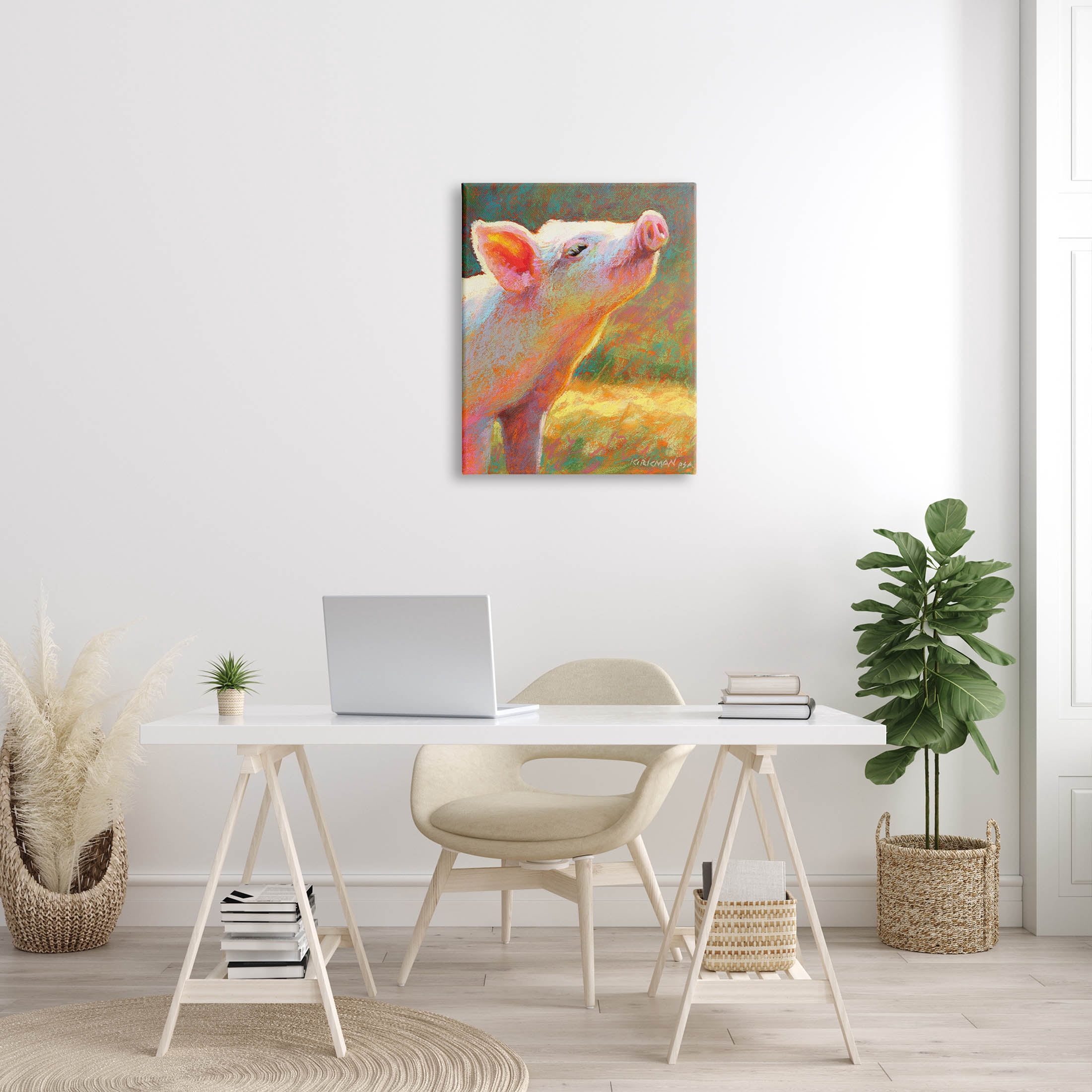 Happy Pink Pig Sunny Farm Animals & Insects Painting Gallery Wrapped Canvas Print Wall Art