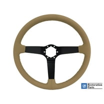 VSW 14 inch Tan Leather Steering Wheel; 6 Bolt Black Powder Coated Spoke, 3 inch Dish, GM Licensed, ST3029TAN