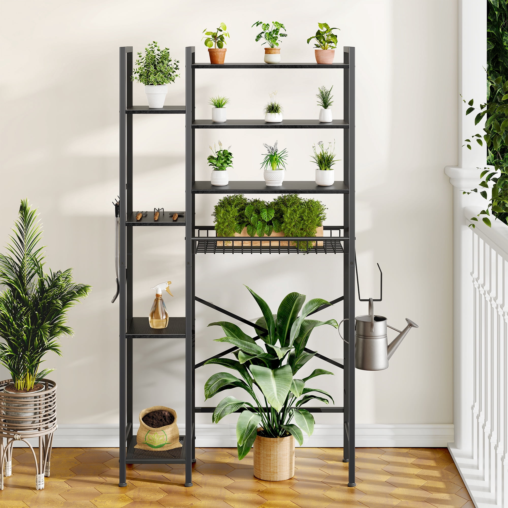 Biemlerfn 8-Tier Over the Toilet Rack, Bathroom Storage Organizer with Adjustable Shelves, Toilet Paper Holder & Hooks, Black