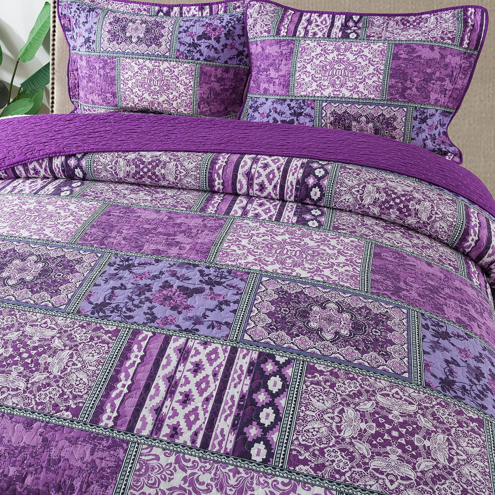 WannaToo King Size Quilt Comforter Cotton Bedding Set With Shams, Vintage Purple
