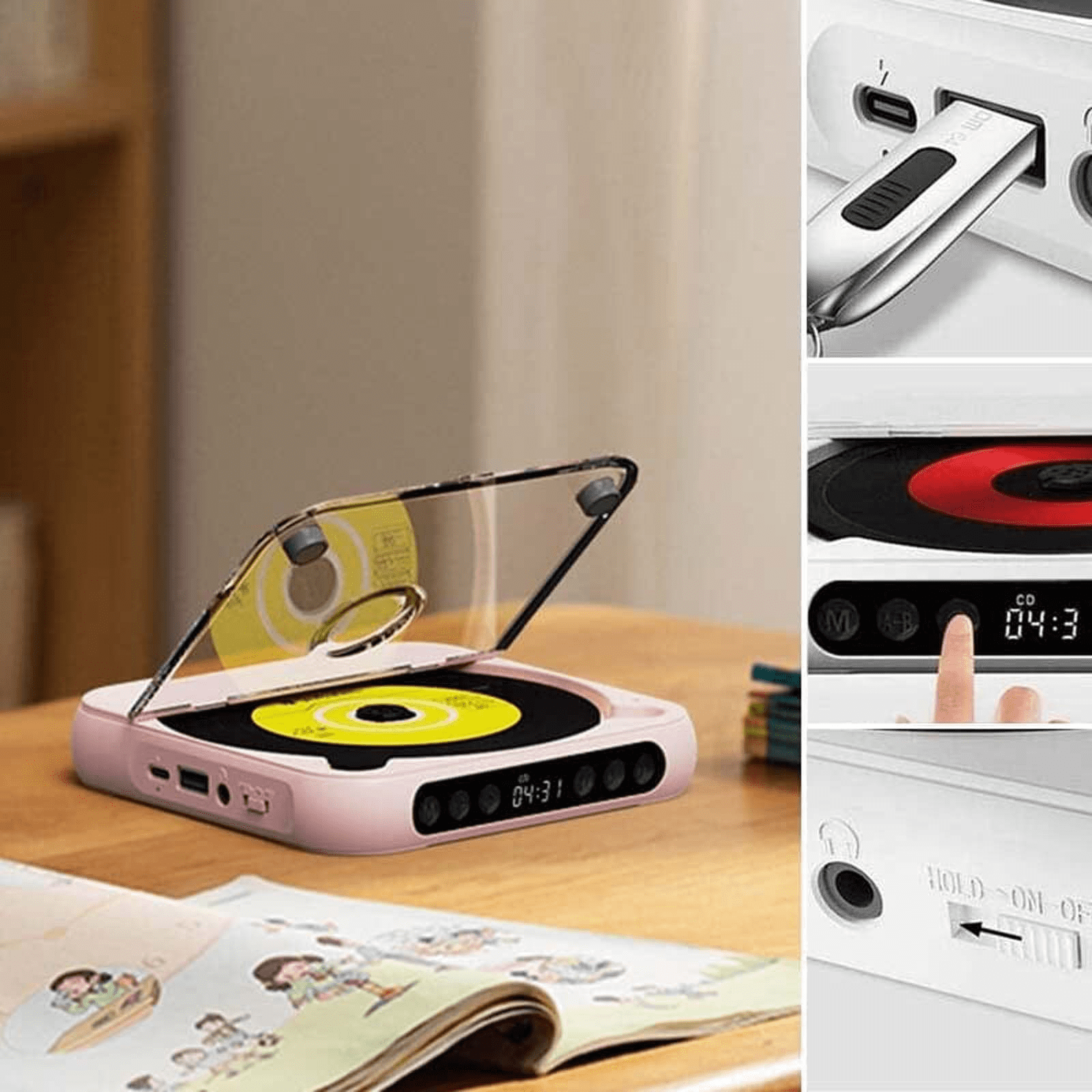 JGJJUGN Portable Bluetooth CD Player Compact Rechargeable HiFi Sound with AUX/USB, Built-in Speakers, LCD Display for Music Lovers