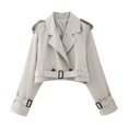 thumbnail image 2 of Cropped Bike Jacket for Women Long Sleeve Double Notched Lapel Trench Coat with Belt Outerwear, 2 of 3