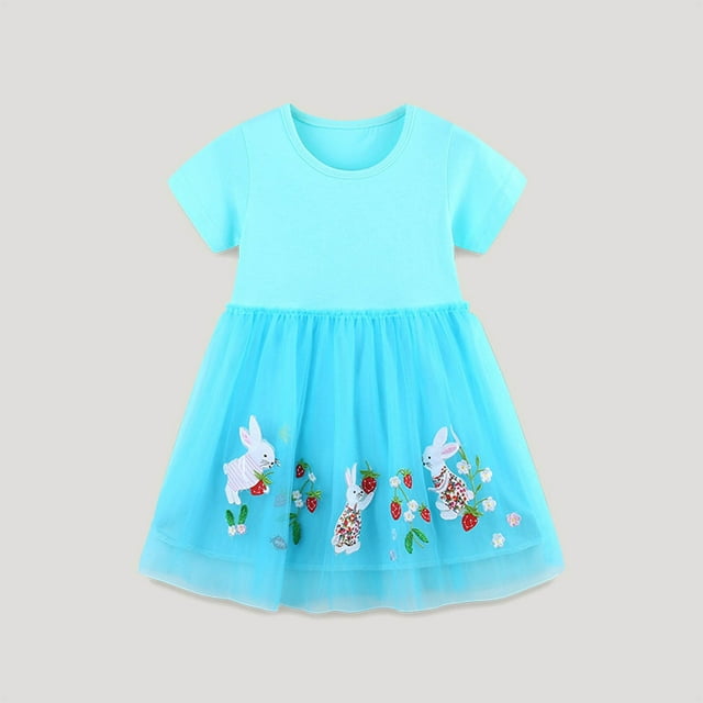 Culottes pour Femmes Fillette Robe Décontractée à Manches Courtes Été Tenue de Jeu Active Basique Appliqués de Dessins Animés Impression Robes en Jersey 2 Ans Bleu Clair