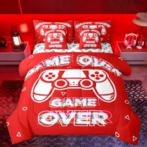 Manfei Cartoon Red Gamepad Twin Bedding Sets 7-Piece for Kids, Game Over Bedding Comforter Set, Modern Gaming Gamer Reversible Sheet Sets, Luxury Bedroom Decor