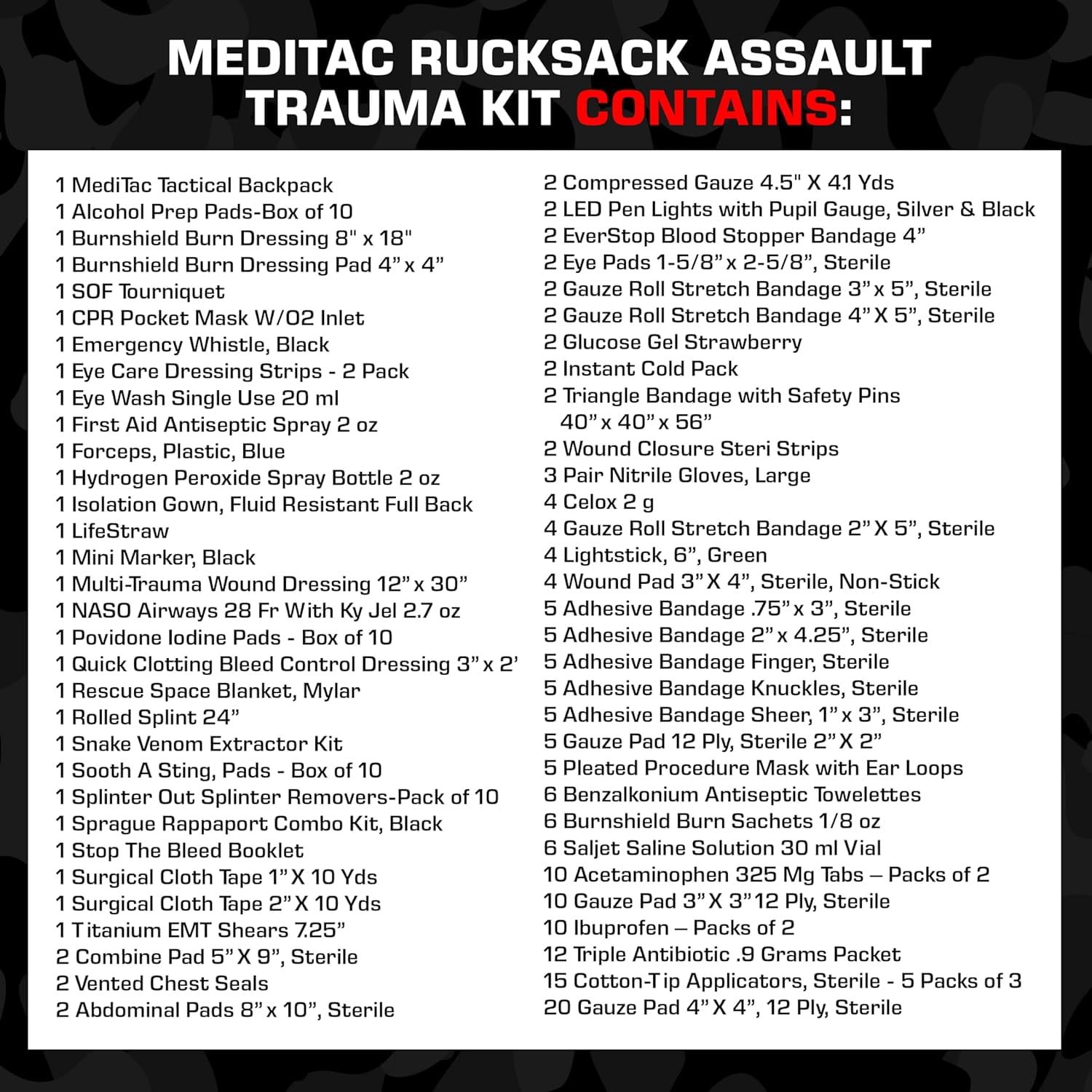 MEDITAC Rucksack Trauma Kit Feat. Tight Bandage, Chest Seal, Israeli Bandage and Gauze Dressing – Black