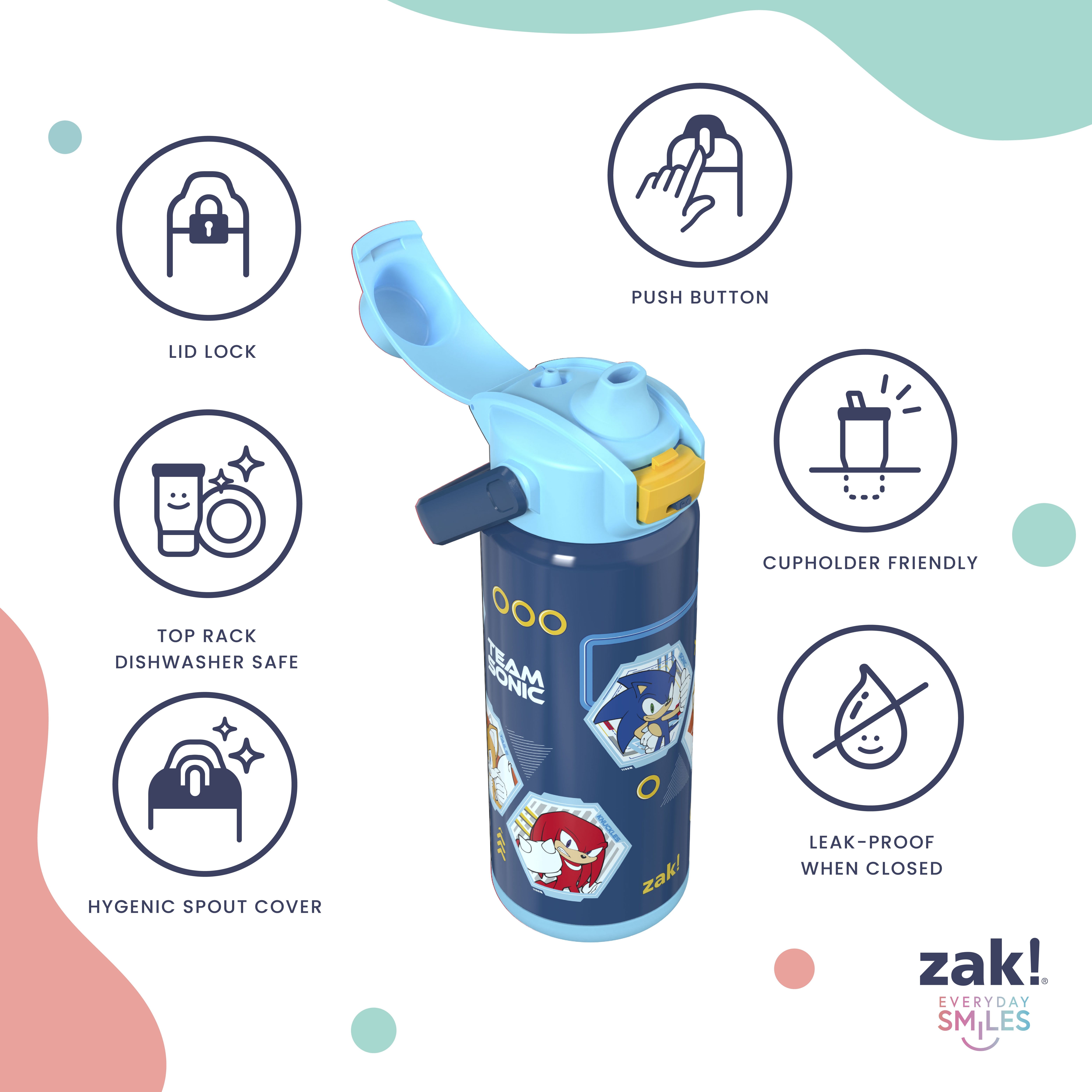 Zak Designs 20oz Sonic Stainless Steel Liberty Water Bottle with Push Button Lid, Lock, and Carry Handle