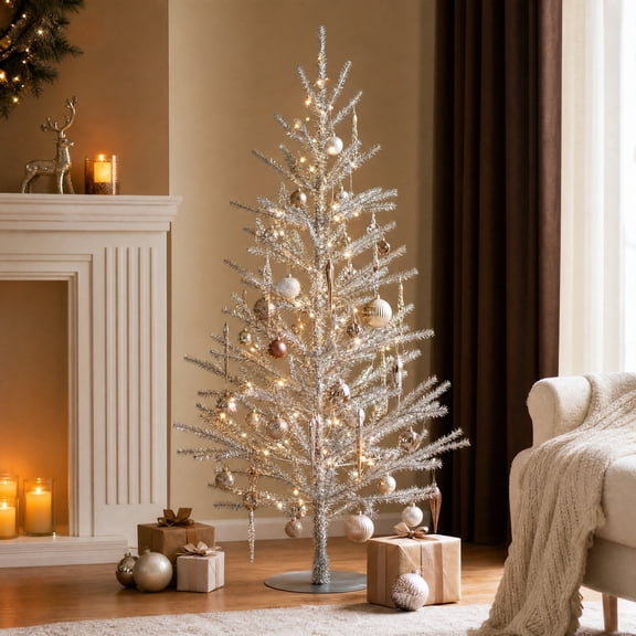 Cadancy Tabletop Mini Christmas Tree Metallic Tinsel Artificial Pine Stand for Home Office Mantle Indoor Display Holiday Party Winter Decor Centerpiece