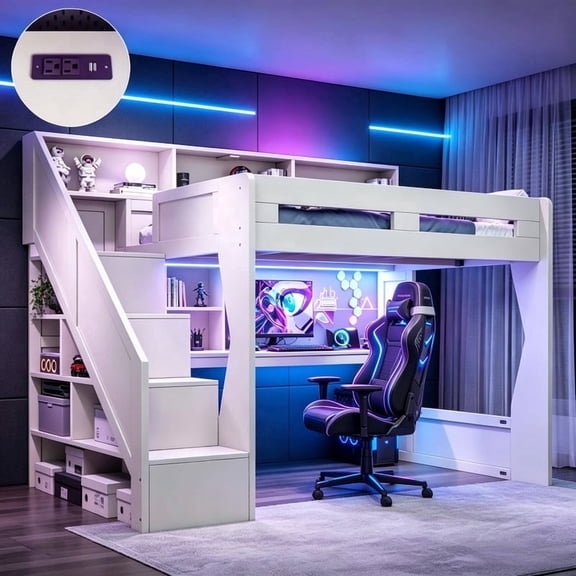 Bellemave Full Size Gaming Loft Bed with Desk, Wood Loft Bed Frame with Storage Stairs, Open Headboard Shelves, LED Light & USB Charging, House‑Shaped Cutout Elevated Loft Bed for Child Teen, Beige