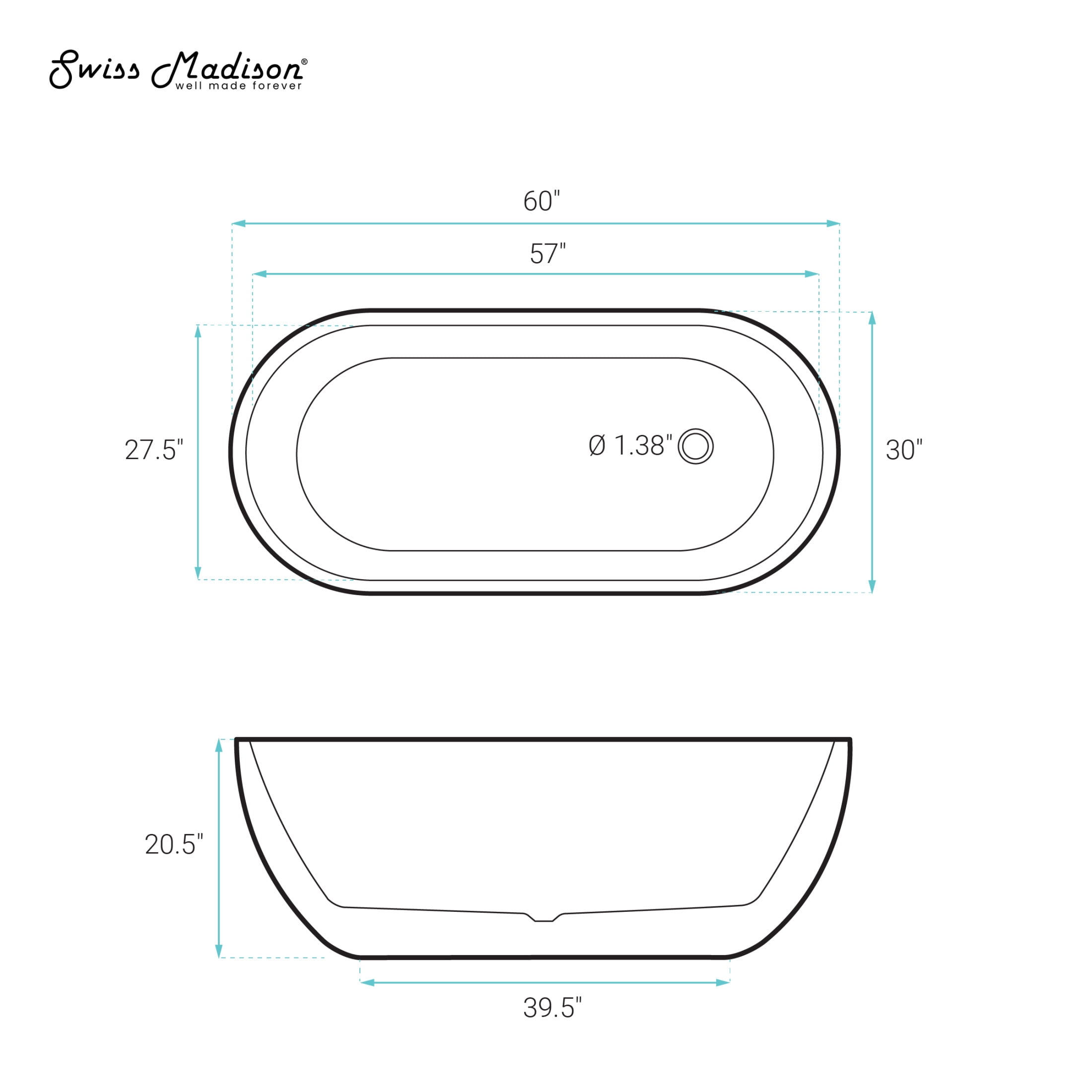 Claire 60" Freestanding Concrete Bathtub in Gray, Drain Included