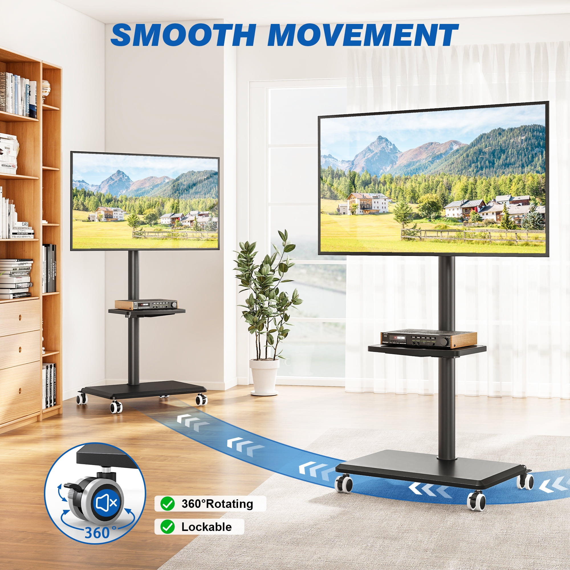 TAVR Furniture Rolling TV Cart Stand with Mount for 32-65 inch Screens, Corner Swivel TV Mount Stand with Rack Shelf
