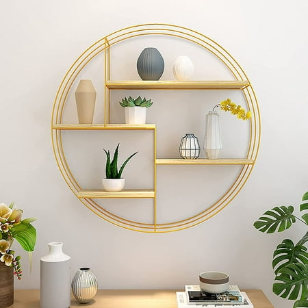 Round Metal Wall Shelf Wood Iron Hanging Shelves 4tier Circle Decor For Home Office Floating 1 Black Gold 50 50cm Canada - Round Metal Wall Decor Shelf