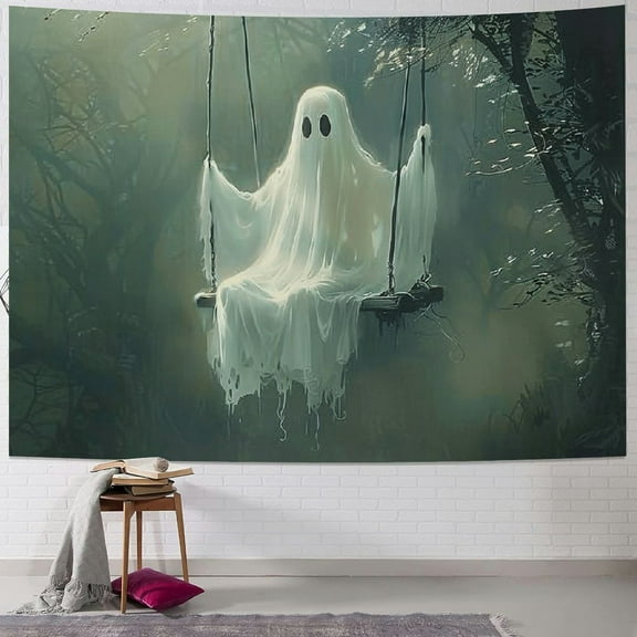 JRXY Vintage Cute Ghost Tapestry Wall Art Swing Forest Aesthetic Gothic Dark Academia Decor Halloween Abandoned Art 40x30inch