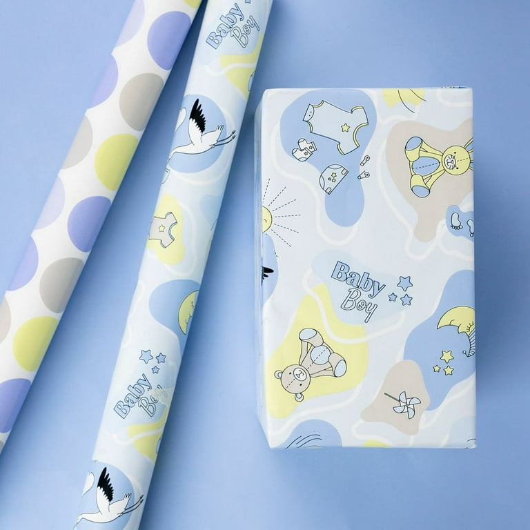 WRAPAHOLIC Reversible Boy Baby Shower Wrapping Paper Jumbo Roll