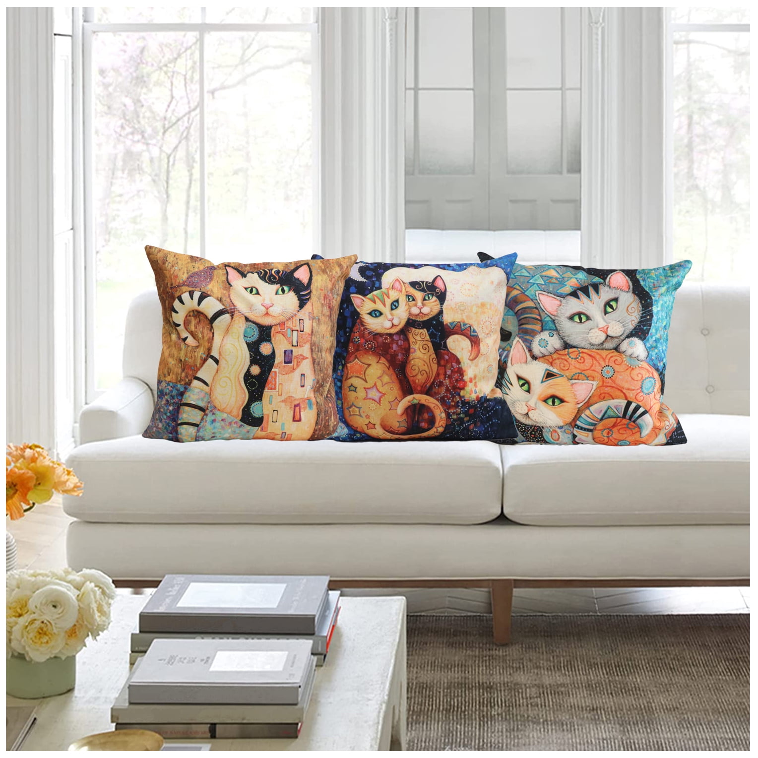NYDECOR Abstract Cat Pillow Covers 18x18 Set of 4 Pet Throw Pillow Cases Animal Kitty Pillowcase Square Cotton Linen Cushion Cover for Couch Sofa Bed Patio Cat Gifts