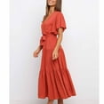 thumbnail image 6 of Wycnly Womens Dresses Casual Ruffle Sleeve Tie Waist Loose Swing A Line Sundress Fashion Solid V-Neck Short Sleeve Long Summer Dress Orange l, 6 of 6