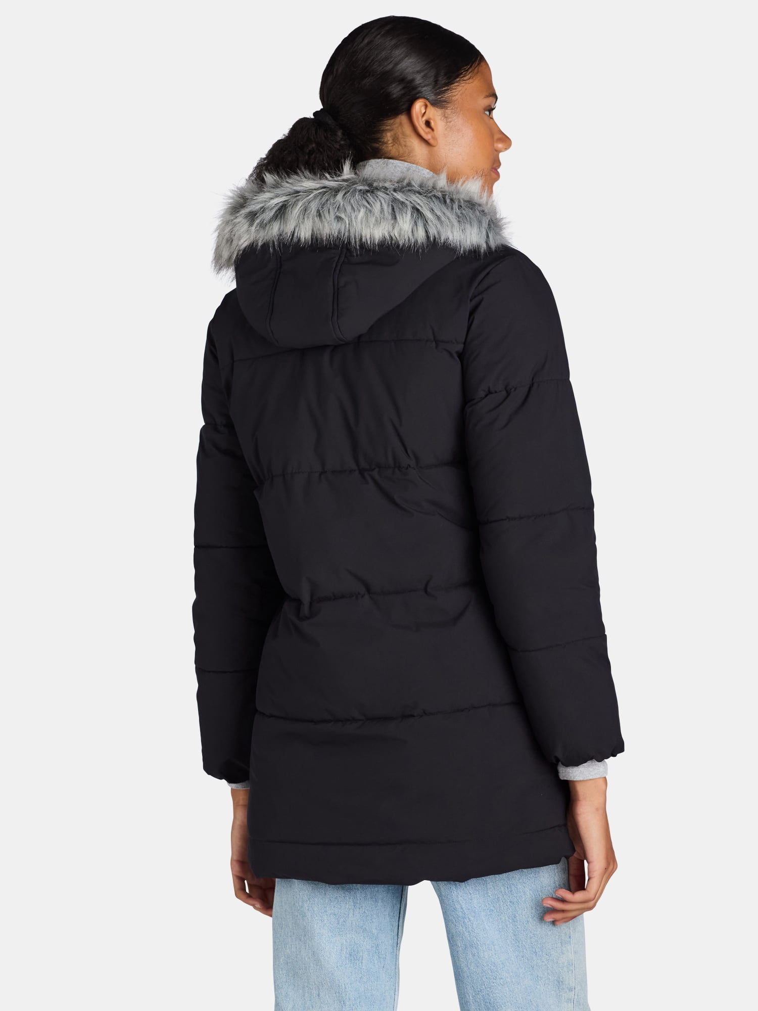 Big Chill Women's and Women's Plus Wide Quilted Puffer Coat with Faux Fur Trim Hood, Sizes S-3X
