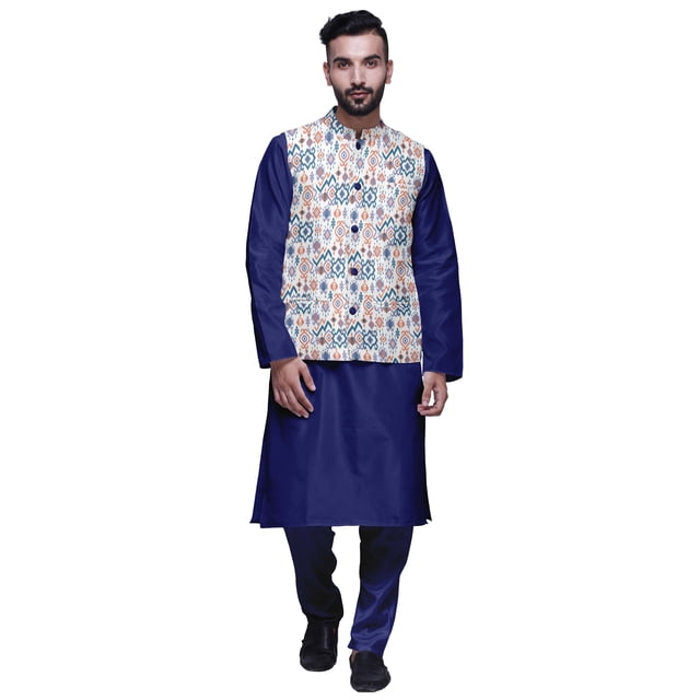 Atasi Mandarin Collar Traditional Solid Kurta Pajama With Printed Jacket Set