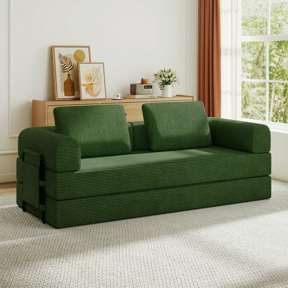 Jopath Convertible Sleeper Sofa Bed,Compressed Floor Boneless Couch, Corduroy Folding Mattress Couch with Fixed-Shape Frame for Living Room, Bedroom, Lounge,Green