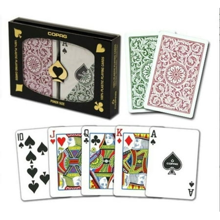 - Poker Size Regular Index 1546 Playing Cards (Green Burgundy Setup), 100% PVC plastic, these cards will last for years outlasting paper cards up to 500 times By Copag