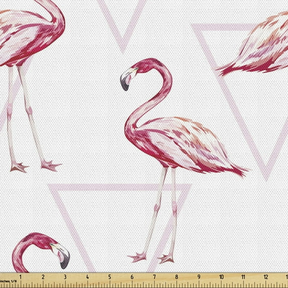 Flamingo Fabric by the Yard Upholstery, Realistic Drawing Style Animals on Geometrical Backdrop with Pink Triangles, Decorative Fabric for DIY and Home Accents, 2 Yards, Pink Peach White by Ambesonne