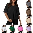 thumbnail image 1 of SYVGVA Womens Summer Short Blouse,Womens Plus Size Top,Womens Drop Shoulder Round Neck Oversized Crop Workout Tees,Purple,S, 1 of 3