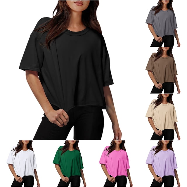 SYVGVA Womens Summer Short Blouse,Womens Plus Size Top,Womens Drop Shoulder Round Neck Oversized Crop Workout Tees,White,M