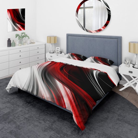 Designart "Endless Ripples Red and Black I" Modern Waves Bedding Covert Set - Abstract Modern Waves Red Abstract Bed Set With 2 Shams