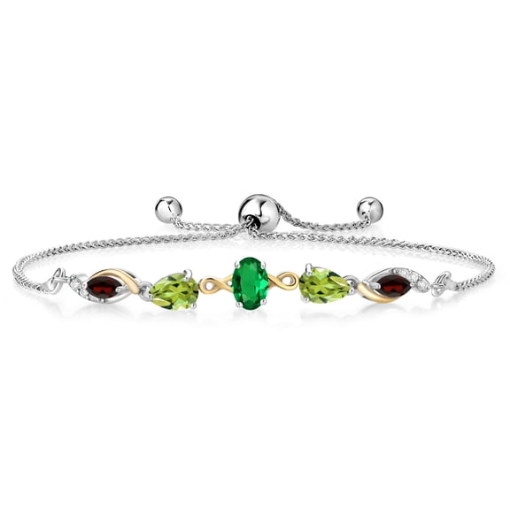 Gem Stone King 925 Silver and 10K Yellow Gold Green Nano Emerald Green Peridot Red Garnet and Lab Grown Diamond Tennis Bracelet for Women By Keren Hanan (1.59 cttw, Adjustable up To 9 inch)