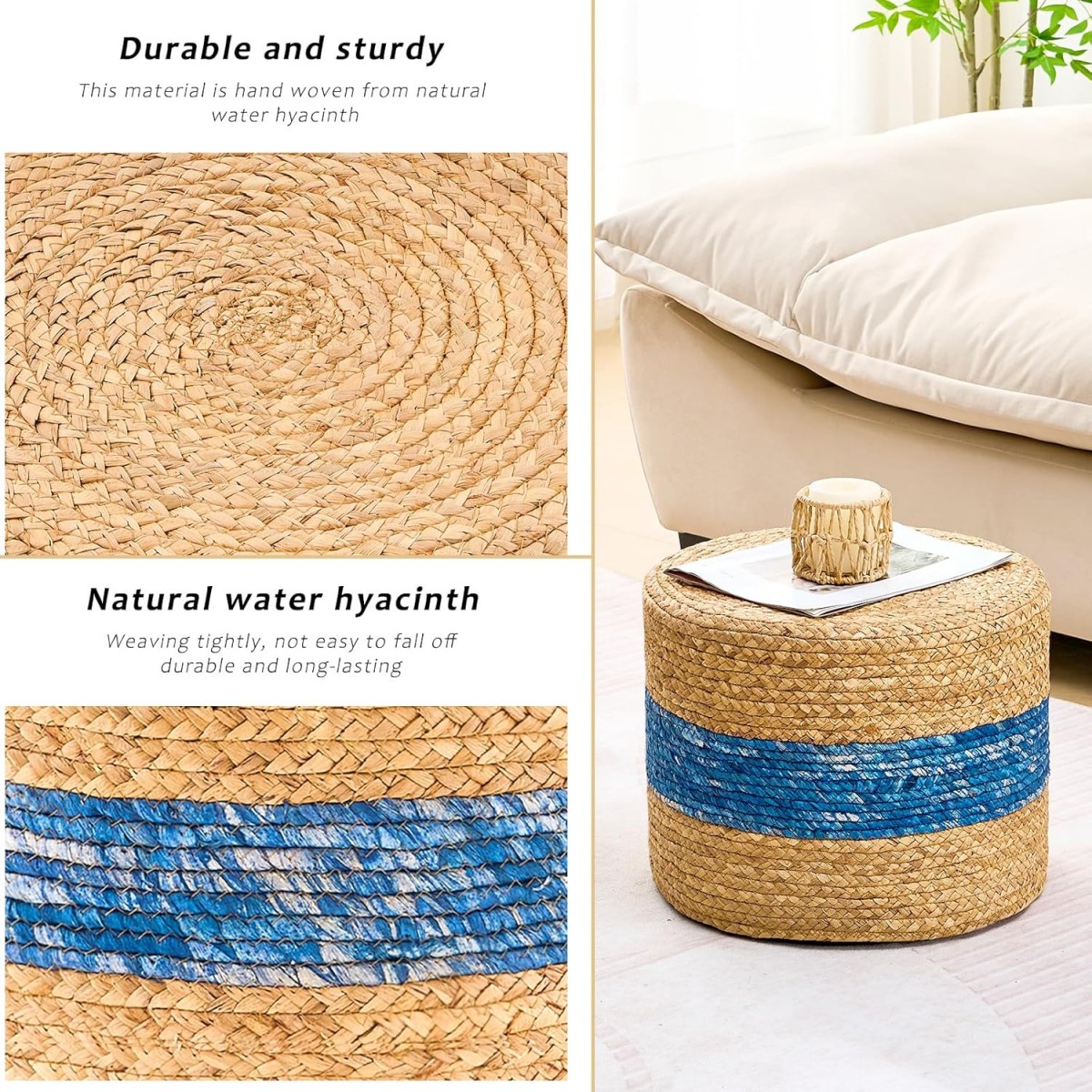 IVV Handmade Woven Water Hyacinth Foot Stool | 15.7" Round Ottoman Home Decorative End/Side Table for Small Space (Natural & Blue)