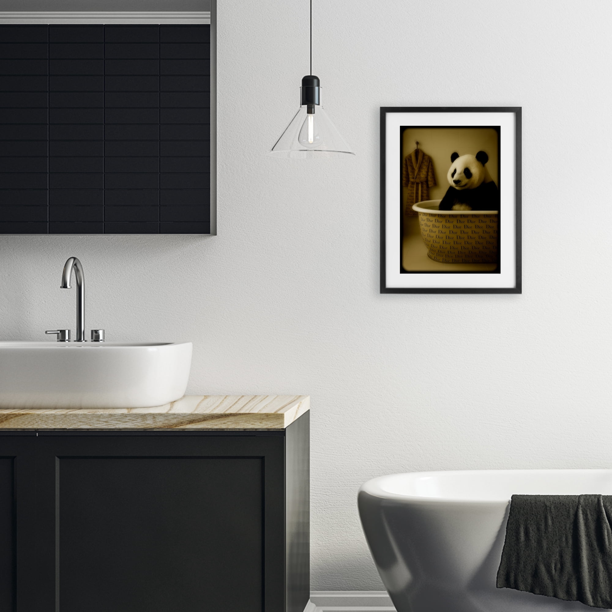 Stupell Industries Couture Panda in Luxury Tub Black Framed Print Under Glass, design by Grotto Studios