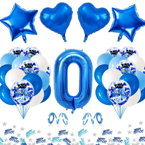 AOWEE 0th Birthday Decorations Blue, 40 Inch Number 0 Foil Balloon Blue White Latex Balloon Arch, Printed Blue Confetti Balloon, Foil Star and Heart Balloons for Birthday Baby Shower