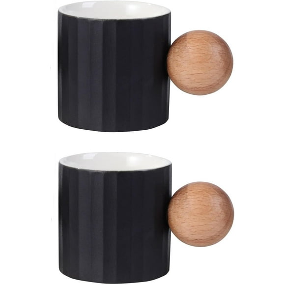 czcpp-Ceramic Espresso Cups Set of 2, 2 oz Mini Espresso Cups, Round Wooden Handle Stripes Demitasse Cups for Tea or Coffee (2, Black)