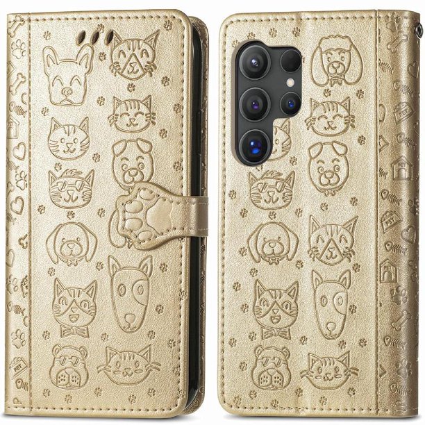 Funda Cartera FOXDOCK para Samsung Galaxy S24 Ultra , Flip PU con Relieve de Gatos y Perros, Tarjetero y Soporte
