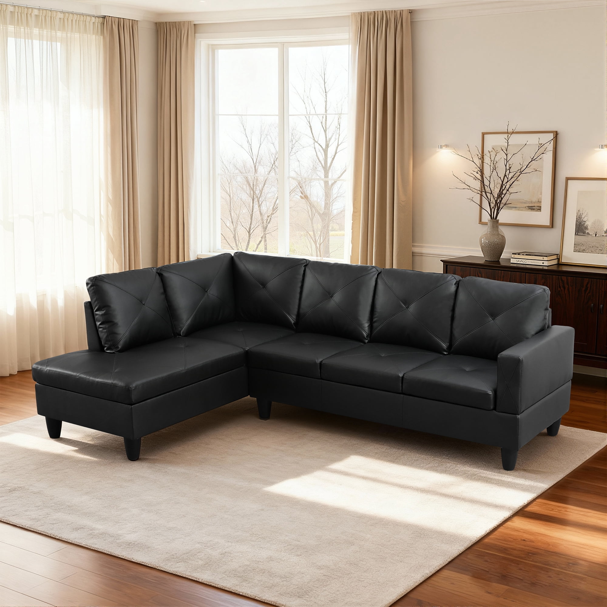 MAYEERTY 97" Faux Leather Sectional Couches, 2-Piece Modular Sofa Set with Reversible Chaise without Ottoman, Black (Left)