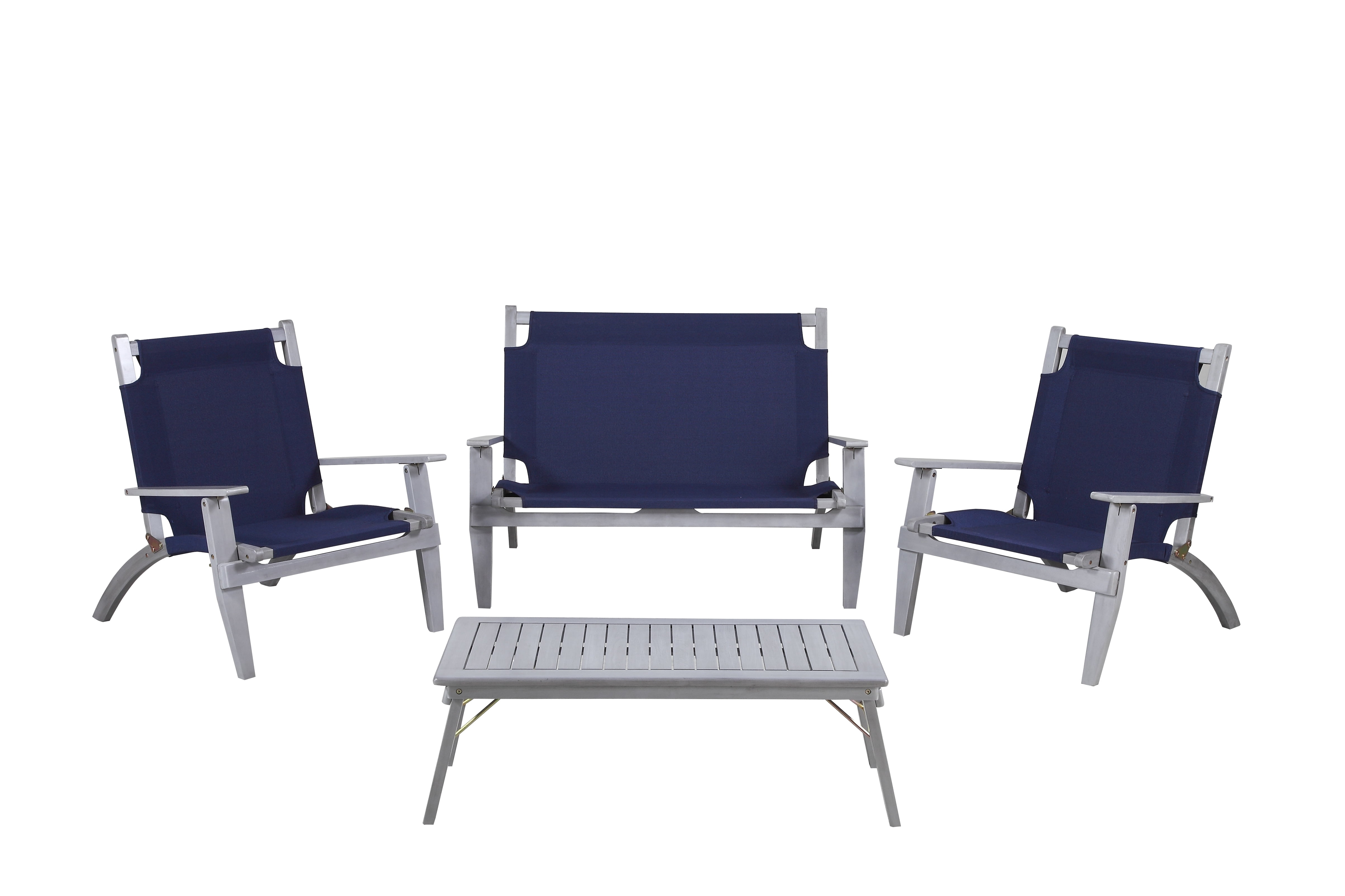 Linon Rosemary 4-Piece Acacia Outdoor Chat Set with Coffee Table, Loveseat & Chairs, Gray/Navy