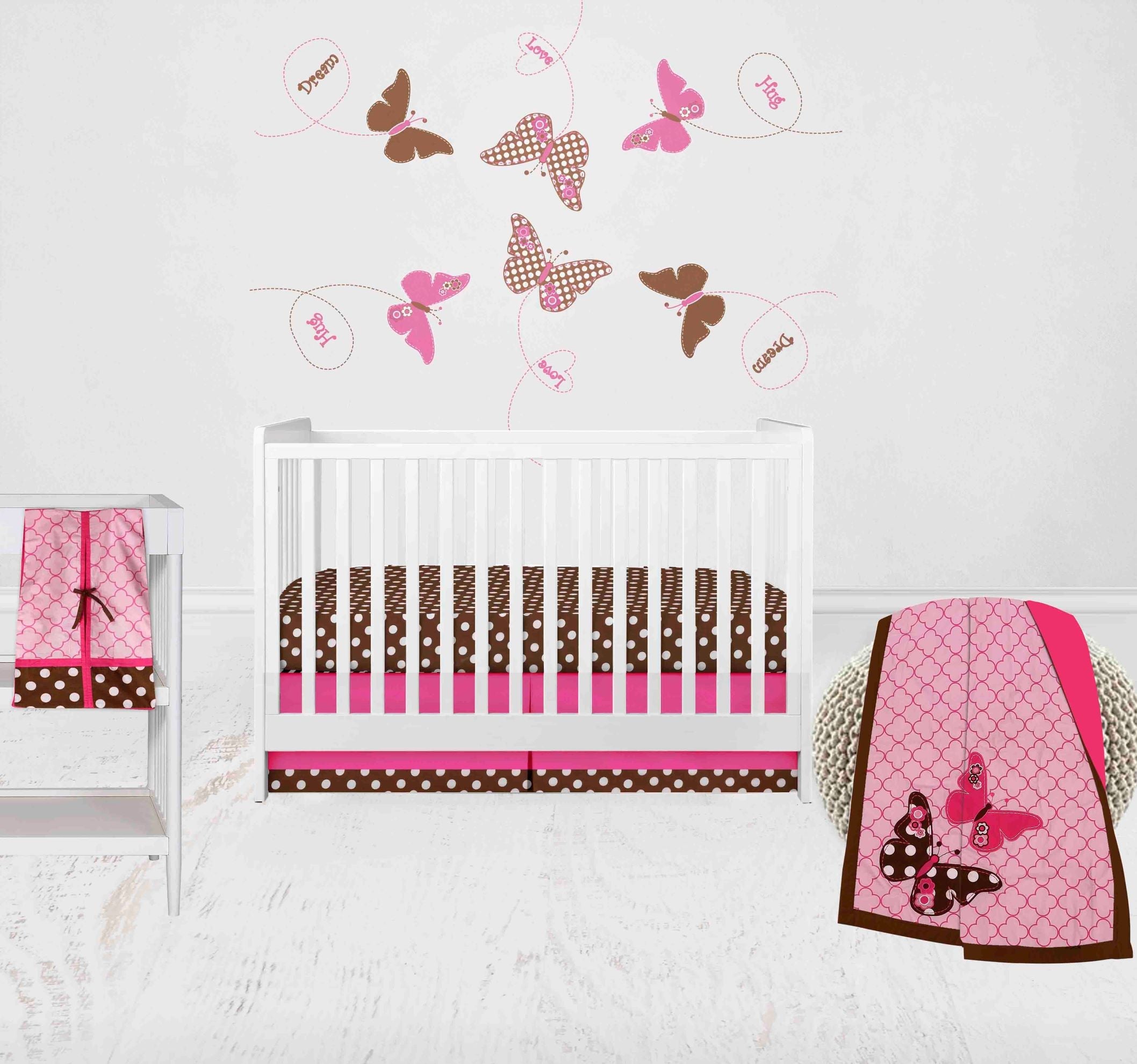 Bacati - Butterflies 4-Piece Crib Bedding Set with Diaper Stacker - Pink/Chocolate Girls
