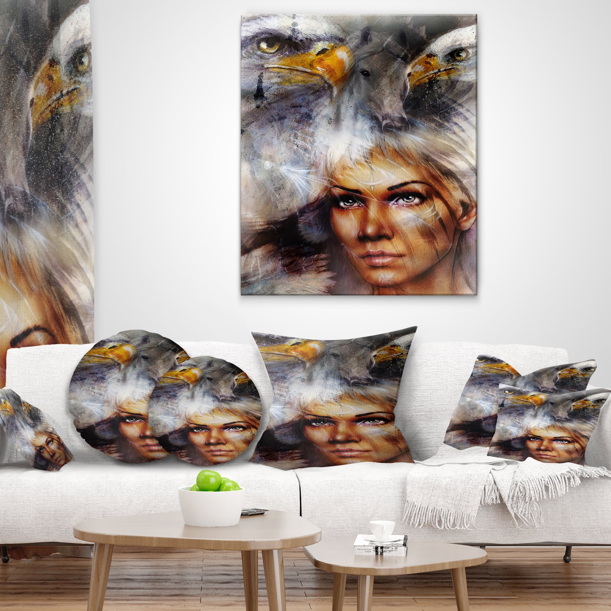 Designart Woman with Flying Eagles - Portrait Throw Pillow - 12x20