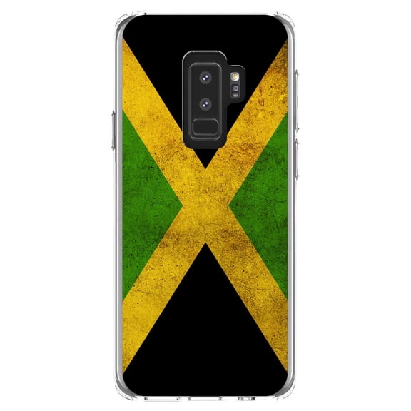 DistinctInk Clear Shockproof Hybrid Case for Samsung Galaxy S9  PLUS (6.2" Screen) - TPU Bumper, Acrylic Back, Tempered Glass Screen Protector - Jamaica Old Flag Black Green Yellow - Jamaica